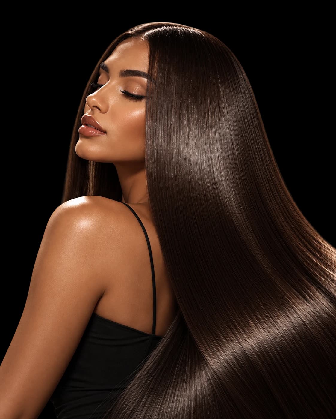 Model with long, glossy, sleek brunette hair