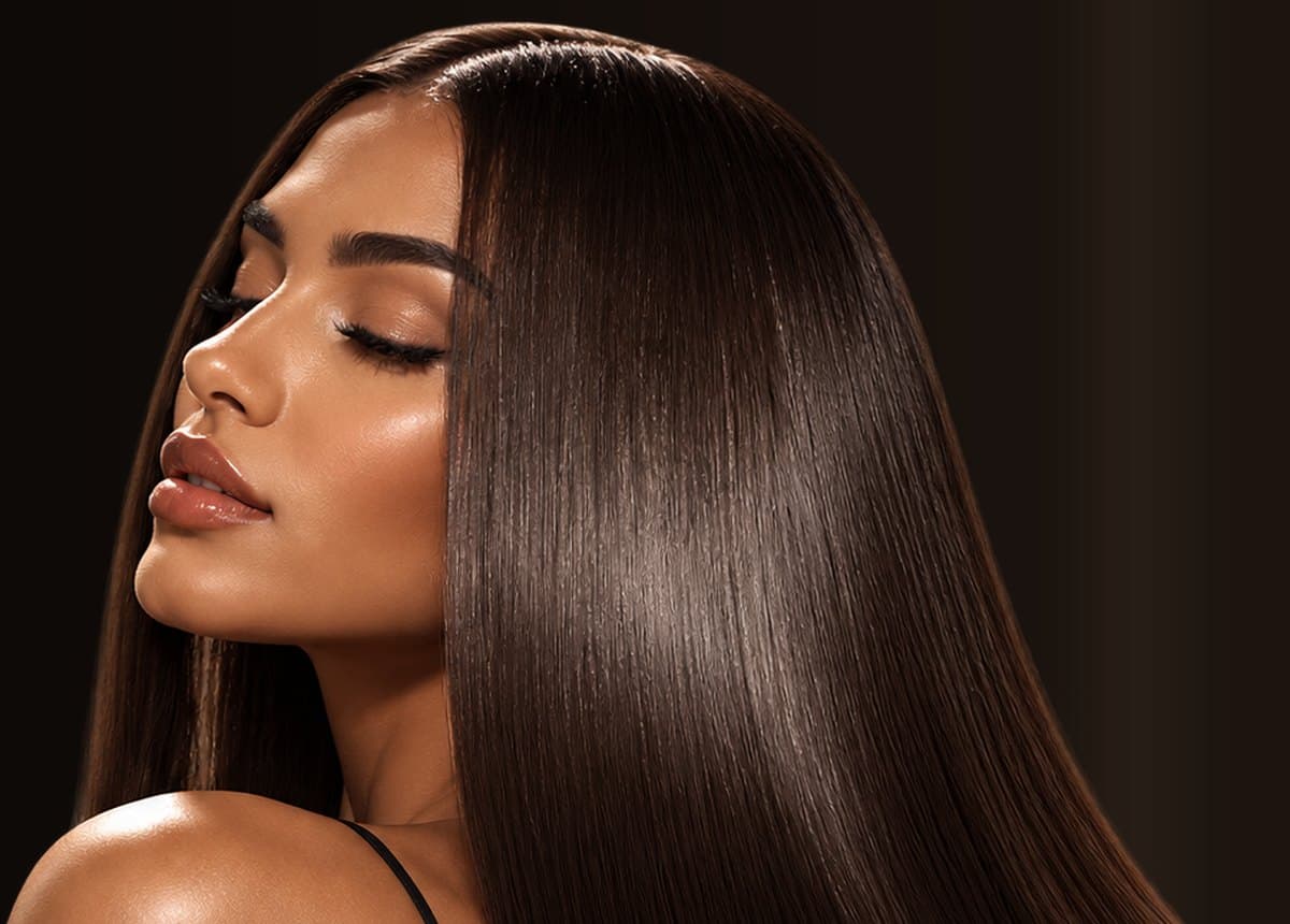 Profile of a model with smooth, shiny brunette hair